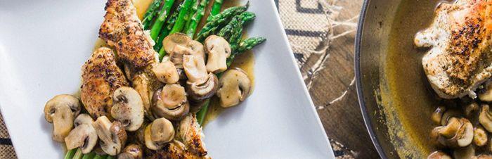 Sauteed chicken with asparagus and mushroomsrecipe image